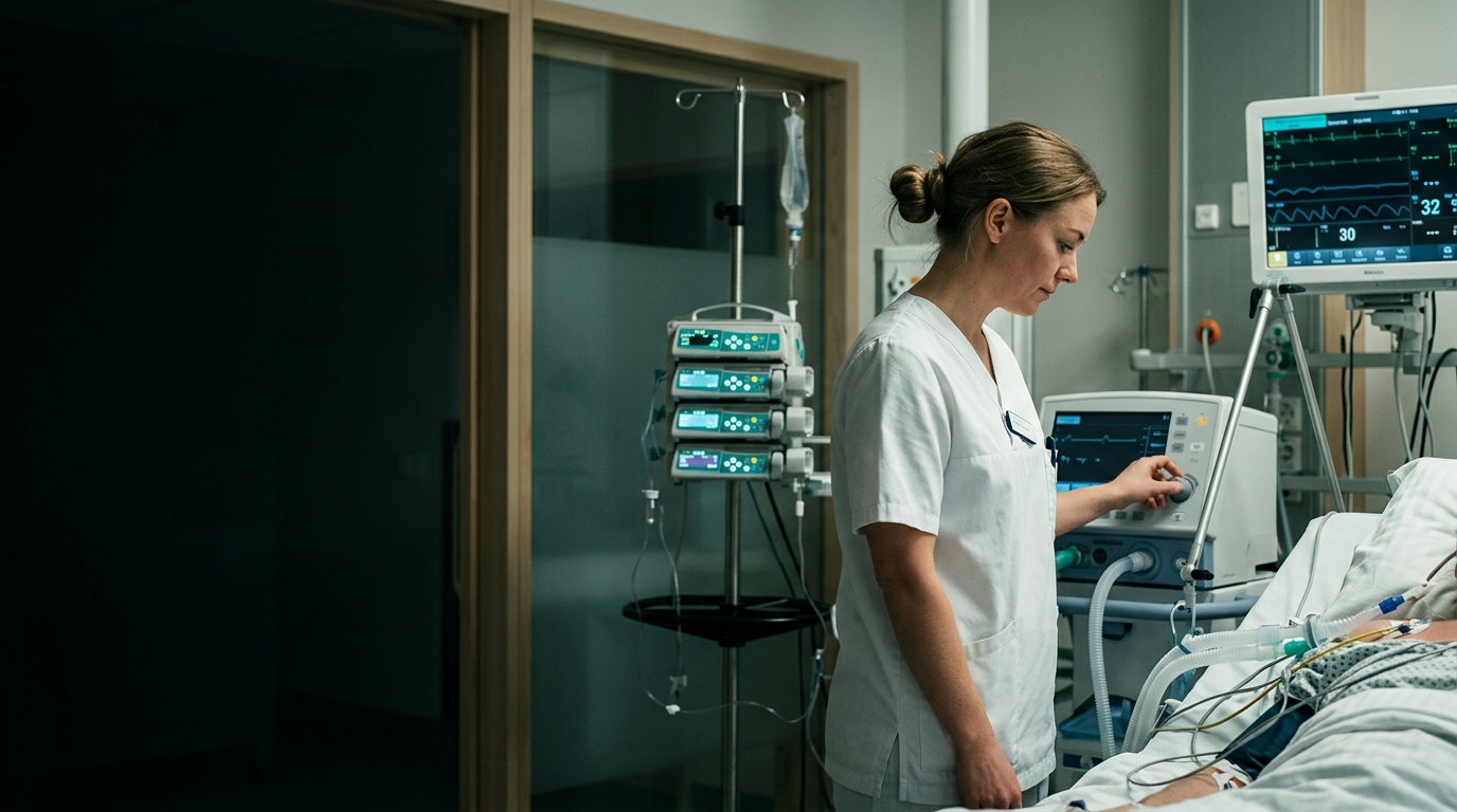 Intensivsykepleier justerer respiratoren ved sengen til en pasient på intensivavdelingen, med overvåkingsmonitor og infusjonspumper rundt seg