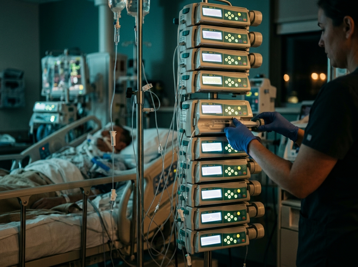 Stabel med sprøytepumper og infusjonspumper på et stativ ved en intensivseng, med tynne slanger og en hånd i blå hanske som kontrollerer en sprøyte