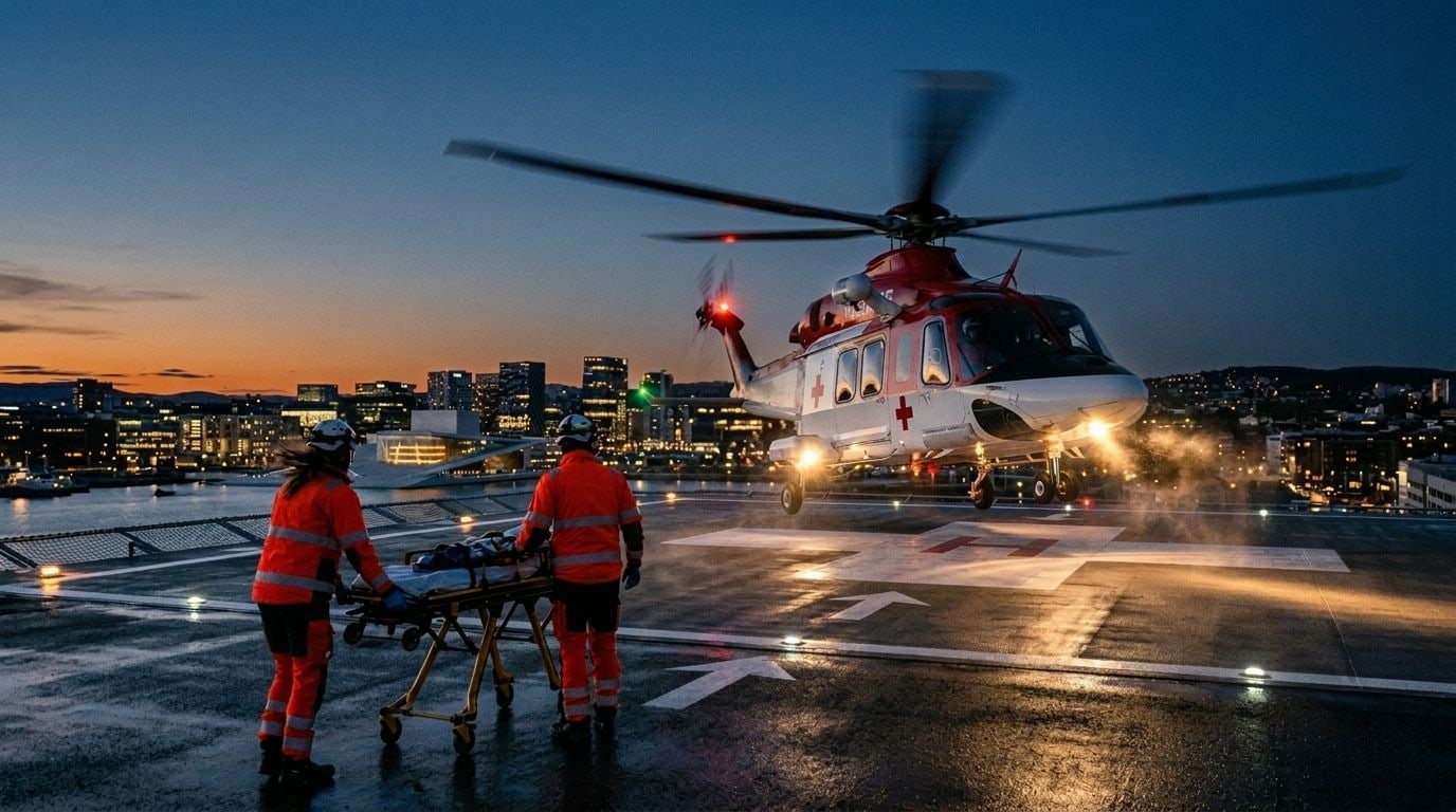 Rødt og hvitt ambulansehelikopter lander på landingsplassen ved sykehuset i skumringen, mens mannskap venter med båre