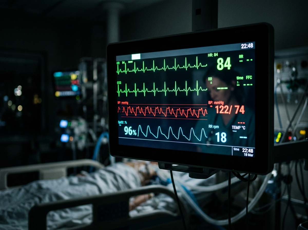 Overvåkingsmonitor over en pasientseng i et mørkt intensivrom, med grønn EKG-kurve og røde og blå kurver for blodtrykk og oksygen